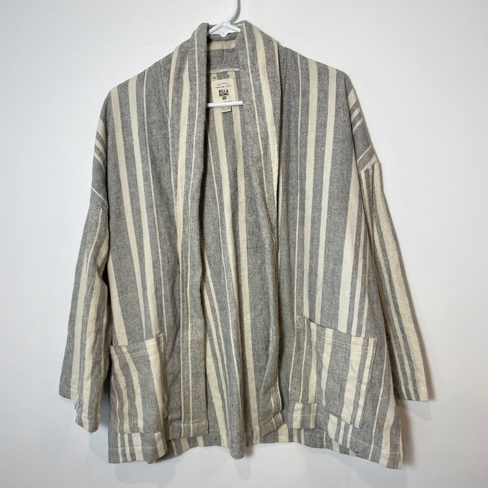 Billabong Womens Live Out Loud Striped Cardigan Jacket Gray S Pockets Oversized